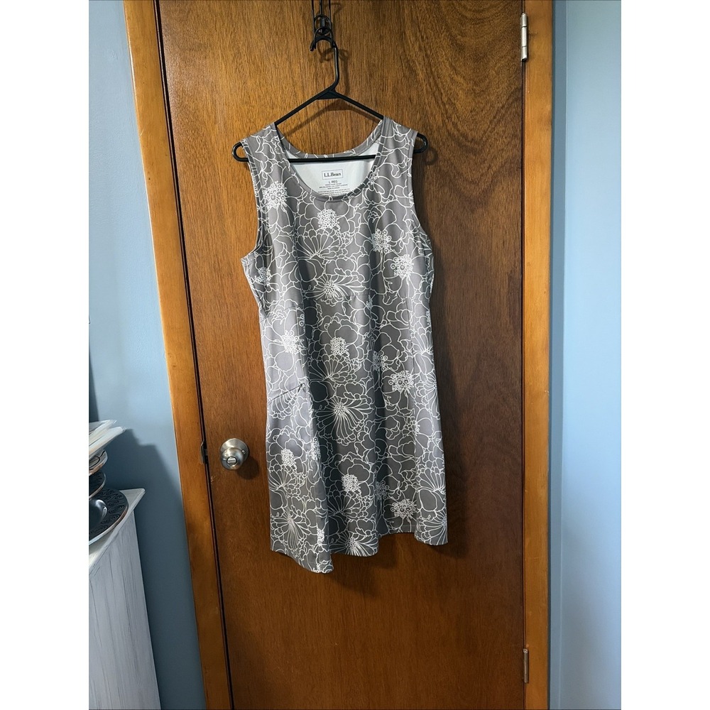 LL Bean Size L Gray Floral Sleeveless Shift Dress Pocket Active Hiking